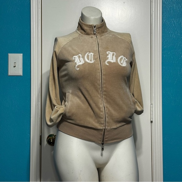 BCBG Max Azria Women's Vintage Y2K velour jacket beige 2 way zipper large GUC - Picture 2 of 16
